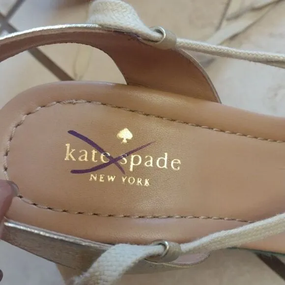 Kate Spade Daisy Wedges Rainbow Espadrille Heel lace up metallic gold size 10