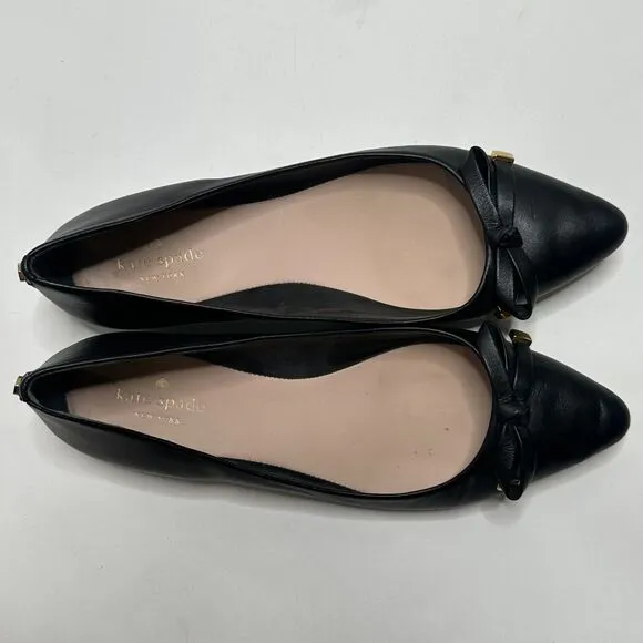 KATE SPADE Emma Pointed Toe Bow Leather Ballerina Ballet Flats $228 Black 8.5