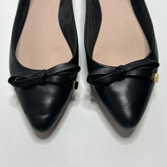 KATE SPADE Emma Pointed Toe Bow Leather Ballerina Ballet Flats $228 Black 8.5