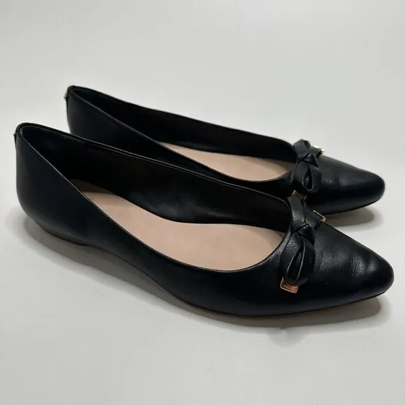 KATE SPADE Emma Pointed Toe Bow Leather Ballerina Ballet Flats $228 Black 8.5
