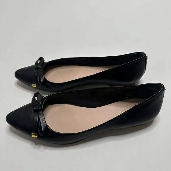 KATE SPADE Emma Pointed Toe Bow Leather Ballerina Ballet Flats $228 Black 8.5