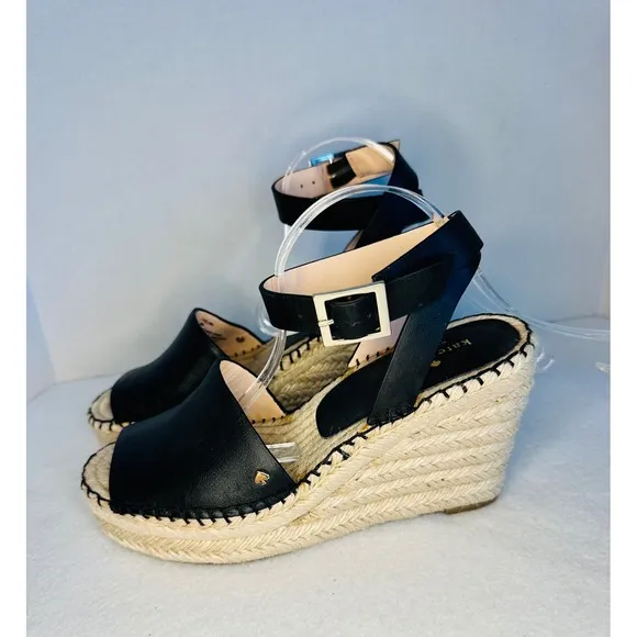 Kate Spade Felipa Espadrille Wedge Sandals Ankle Strap Platform Black Sz 8M EUC