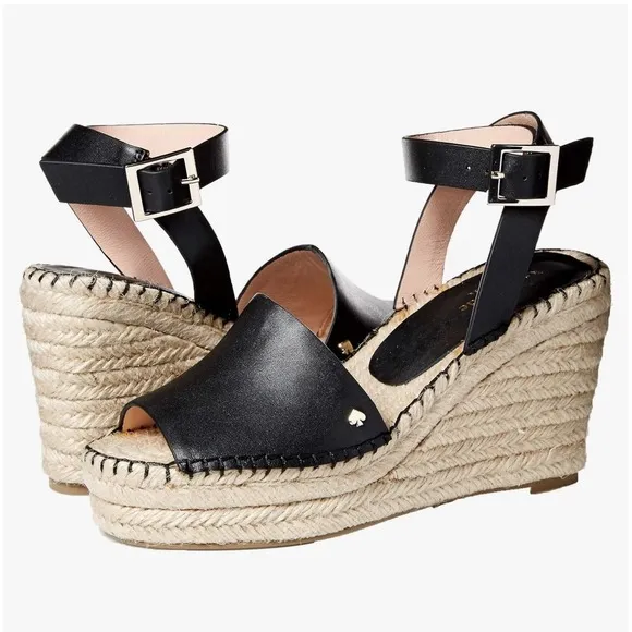 Kate Spade Felipa Espadrille Wedge Sandals Ankle Strap Platform Black Sz 8M EUC