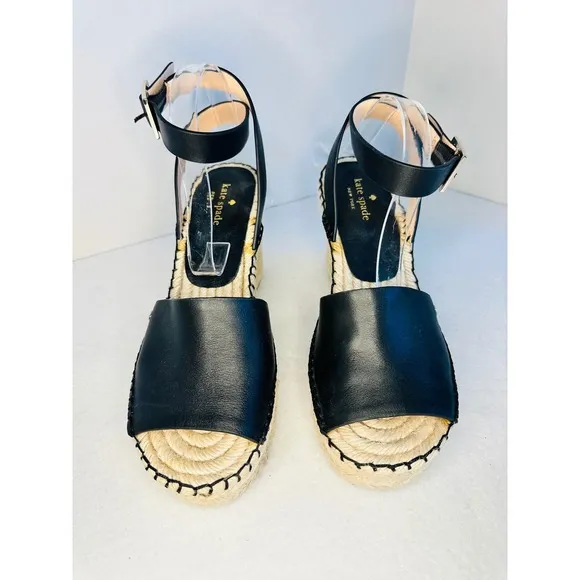 Kate Spade Felipa Espadrille Wedge Sandals Ankle Strap Platform Black Sz 8M EUC