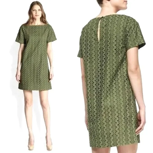 KATE SPADE Forest Green Eyelet Shift Dress (lined) 100% Cotton Size: 14
