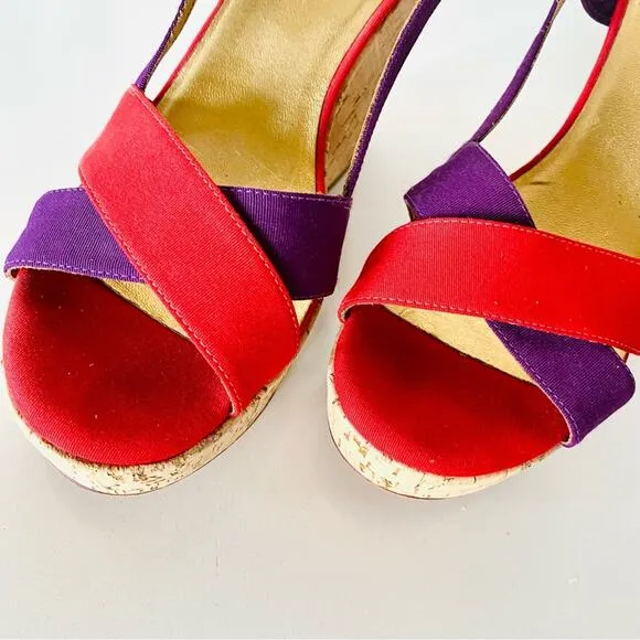 KATE SPADE Purple Red Colorblock Penny Cork Wedges Heeled Sandals Slingback 9.5