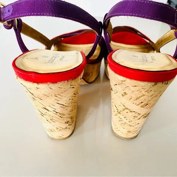 KATE SPADE Purple Red Colorblock Penny Cork Wedges Heeled Sandals Slingback 9.5