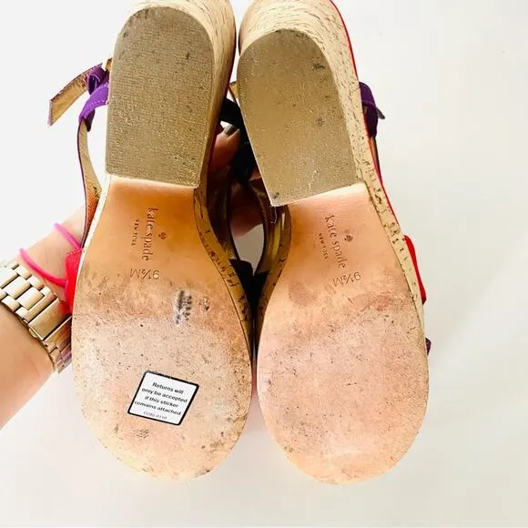 KATE SPADE Purple Red Colorblock Penny Cork Wedges Heeled Sandals Slingback 9.5