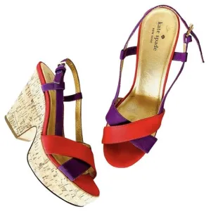 KATE SPADE Purple Red Colorblock Penny Cork Wedges Heeled Sandals Slingback 9.5