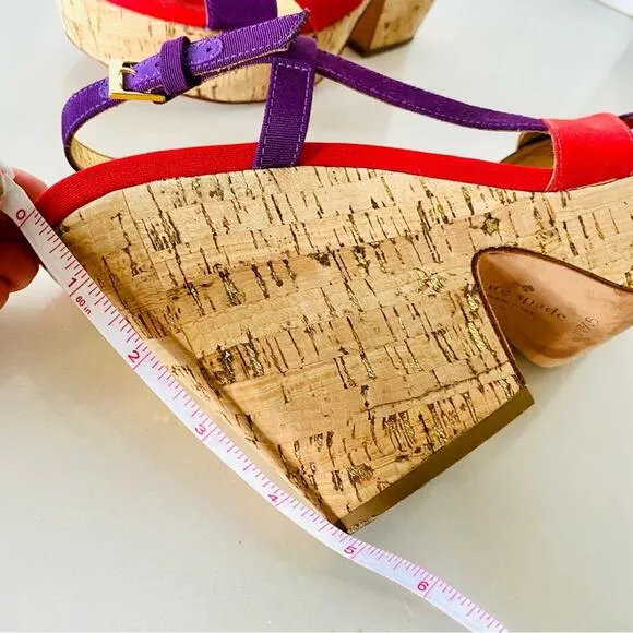 KATE SPADE Purple Red Colorblock Penny Cork Wedges Heeled Sandals Slingback 9.5