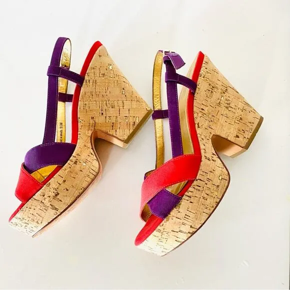 KATE SPADE Purple Red Colorblock Penny Cork Wedges Heeled Sandals Slingback 9.5