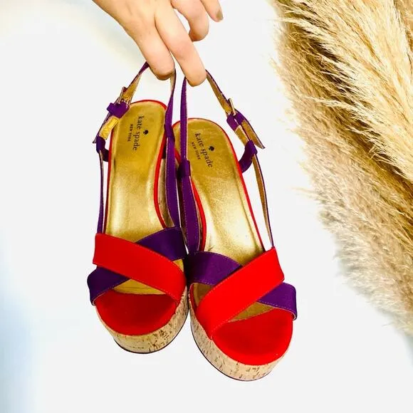 KATE SPADE Purple Red Colorblock Penny Cork Wedges Heeled Sandals Slingback 9.5