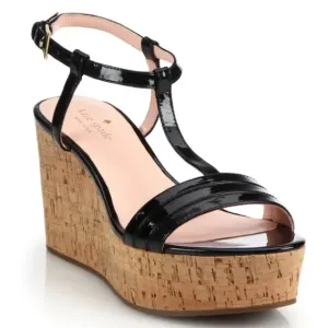 Kate Spade Tallin Black Patent Leather T-Strap Cork Platform Wedge Sandal EUC 10