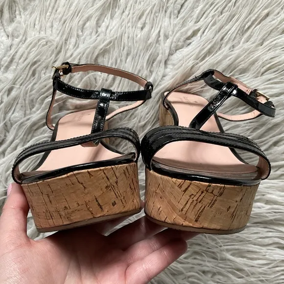 Kate Spade Tallin Black Patent Leather T-Strap Cork Platform Wedge Sandal EUC 10