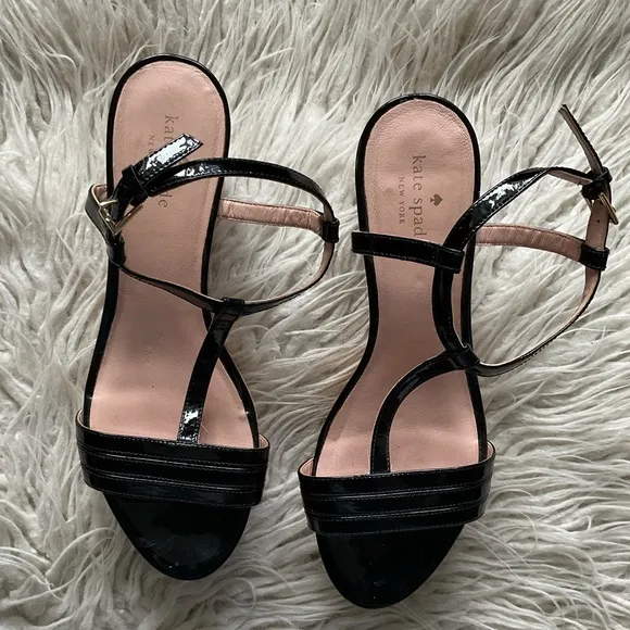 Kate Spade Tallin Black Patent Leather T-Strap Cork Platform Wedge Sandal EUC 10