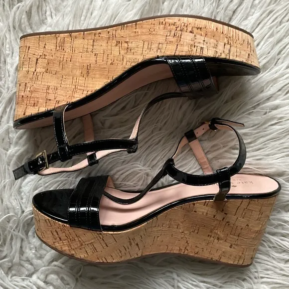 Kate Spade Tallin Black Patent Leather T-Strap Cork Platform Wedge Sandal EUC 10