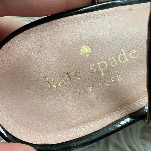 Kate Spade Tallin Black Patent Leather T-Strap Cork Platform Wedge Sandal EUC 10