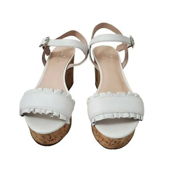 Kate Spade Tomas Wedges Sandals 8.5 White Cork Platform Heel Leather Open-Toe