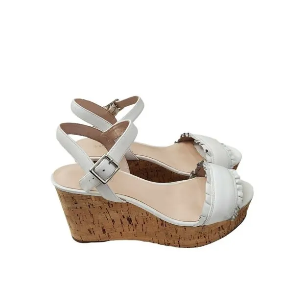 Kate Spade Tomas Wedges Sandals 8.5 White Cork Platform Heel Leather Open-Toe