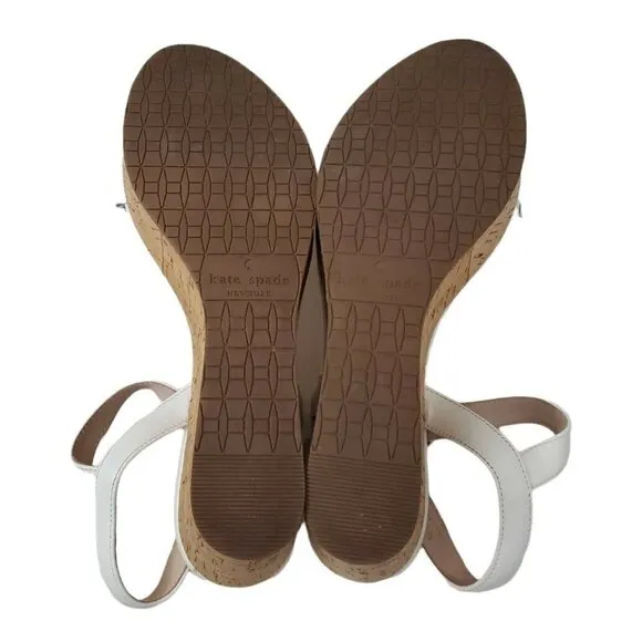 Kate Spade Tomas Wedges Sandals 8.5 White Cork Platform Heel Leather Open-Toe