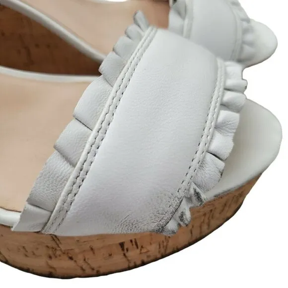 Kate Spade Tomas Wedges Sandals 8.5 White Cork Platform Heel Leather Open-Toe