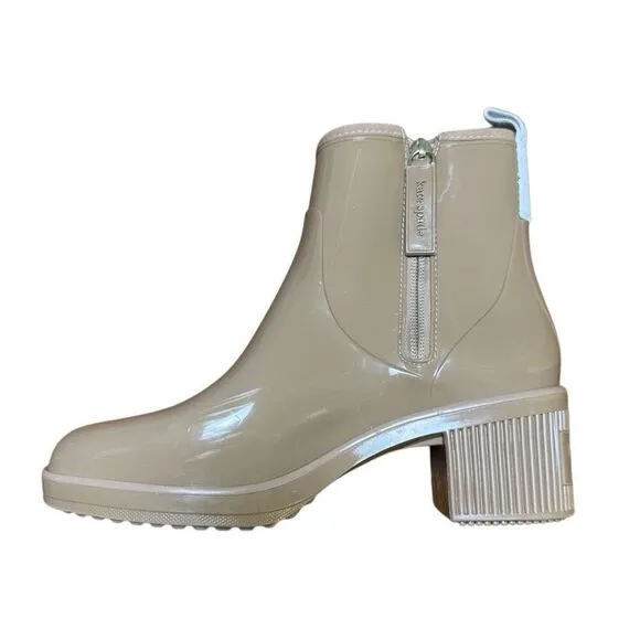 KATE SPADE NEW YORK Womens Beige Back Pull-Tab Puddle Block Heel Rain Boots 6