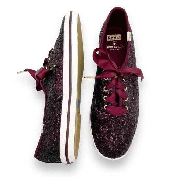 Keds x Kate Spade Champion Glitter Lace Up Sneakers Deep Cherry Women’s Size 8