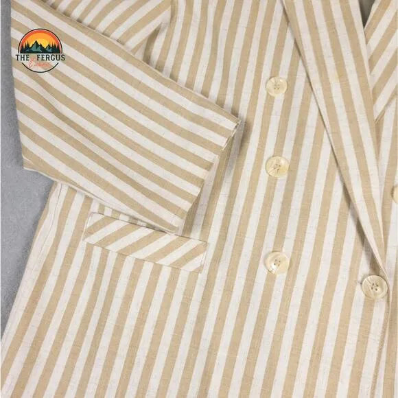 Kentucky Derby Blazer Linen Blend Wide Lapel Preppy Stripes Tan White Size 18