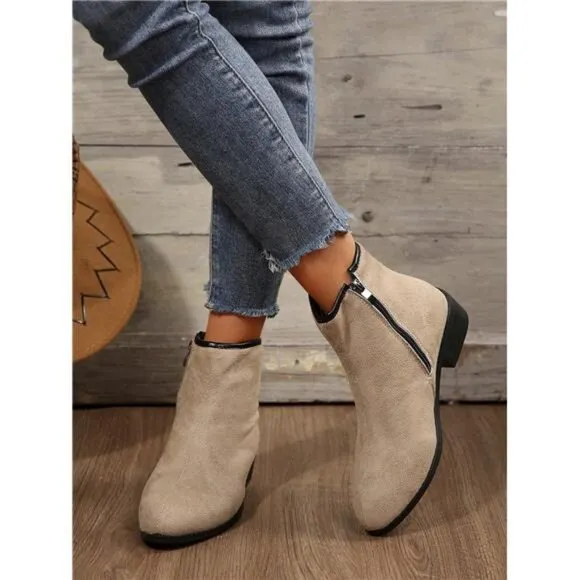 Khaki Patchwork Short Boots Suede Short Boots, Ankle Boots
