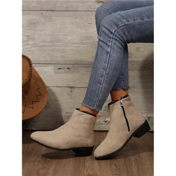 Khaki Patchwork Short Boots Suede Short Boots, Ankle Boots
