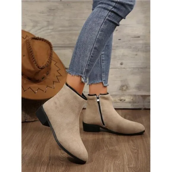 Khaki Patchwork Short Boots Suede Short Boots, Ankle Boots
