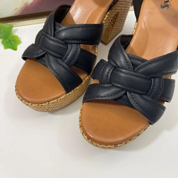Korks by Kork-Ease Dee Sandals Strappy Wedge Heel Platforms in Black 10