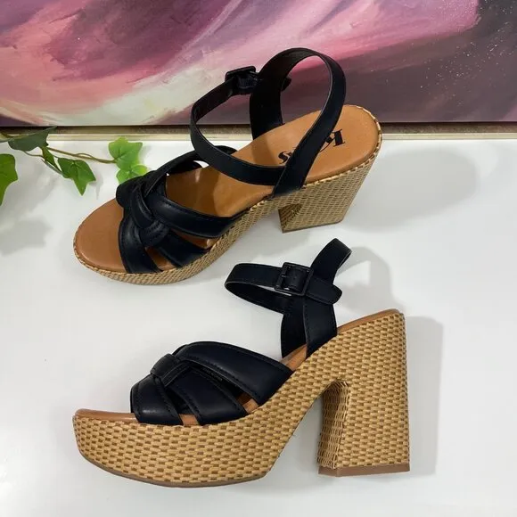 Korks by Kork-Ease Dee Sandals Strappy Wedge Heel Platforms in Black 10