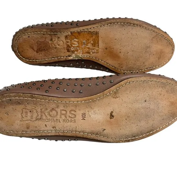 KORS Michael Kors Brown Studded Leather Slip On Ballet Flats Size 10M