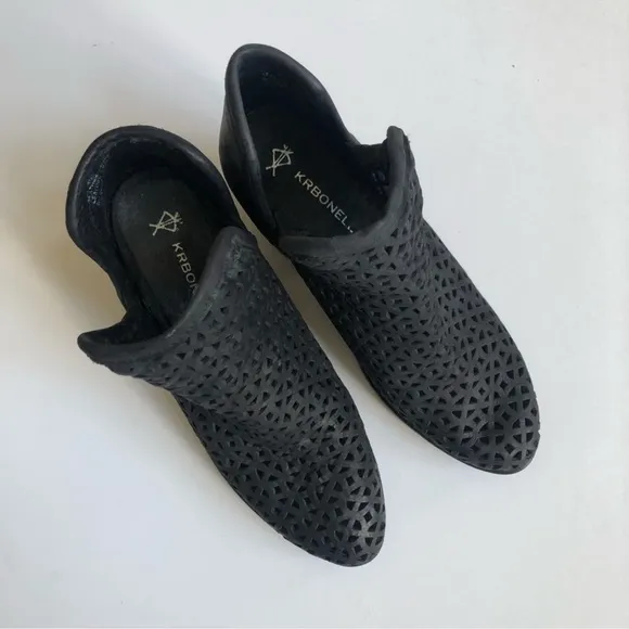 KRBONELL Genuine Leather Marcella Perforated Cut Out Heeled Ankle Boots