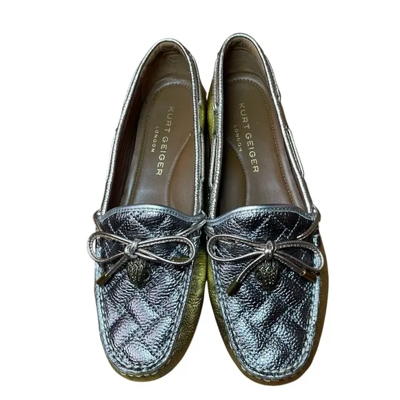 Kurt Geiger Silver Metallic Quilted Flats Moccasins w/ Bow &amp; Eagle Detail Sz.39