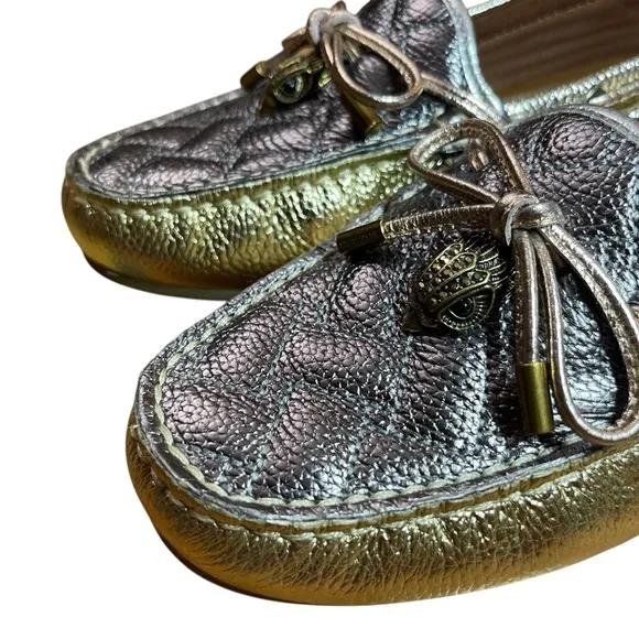 Kurt Geiger Silver Metallic Quilted Flats Moccasins w/ Bow &amp; Eagle Detail Sz.39