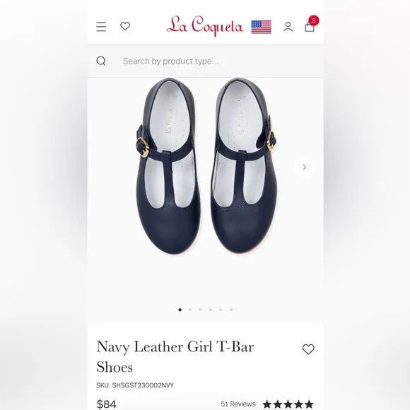 La Coqueta Navy Leather T-Bar Shoes size 24/US8