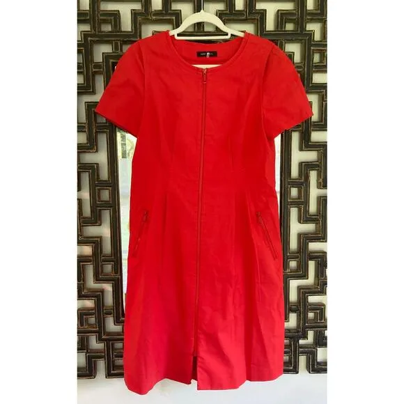 Lafayette 148 Orange Red Cotton Poplin Zip Dress ~ Easy Chic Day Style ~ Sz 10