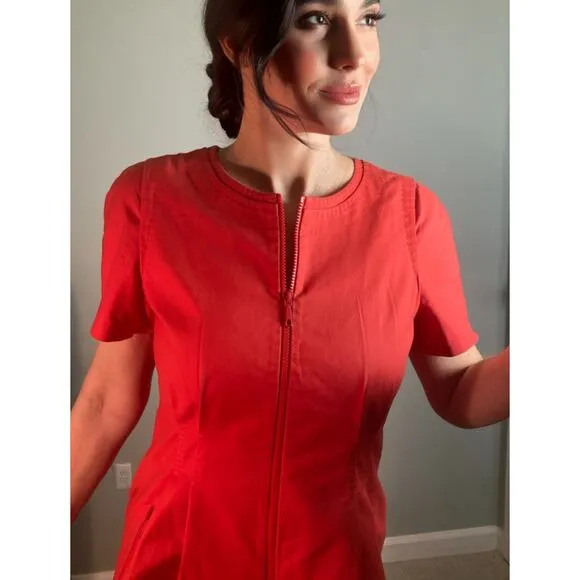 Lafayette 148 Orange Red Cotton Poplin Zip Dress ~ Easy Chic Day Style ~ Sz 10
