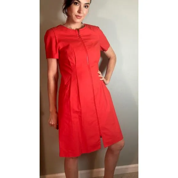 Lafayette 148 Orange Red Cotton Poplin Zip Dress ~ Easy Chic Day Style ~ Sz 10