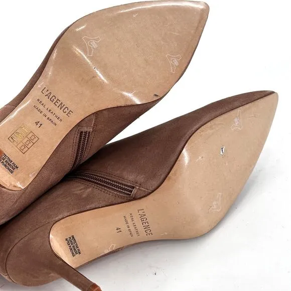 L’agence Aimee Brown Beige Suede Heeled Ankle Boots 10.5 41 Pointed Toe NWOT Tan