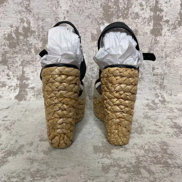 L'Agence Leather &amp; Straw Wedge Sandals in Beige &amp; Black
