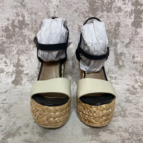 L'Agence Leather &amp; Straw Wedge Sandals in Beige &amp; Black