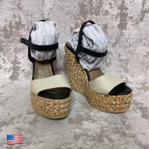 L'Agence Leather &amp; Straw Wedge Sandals in Beige &amp; Black