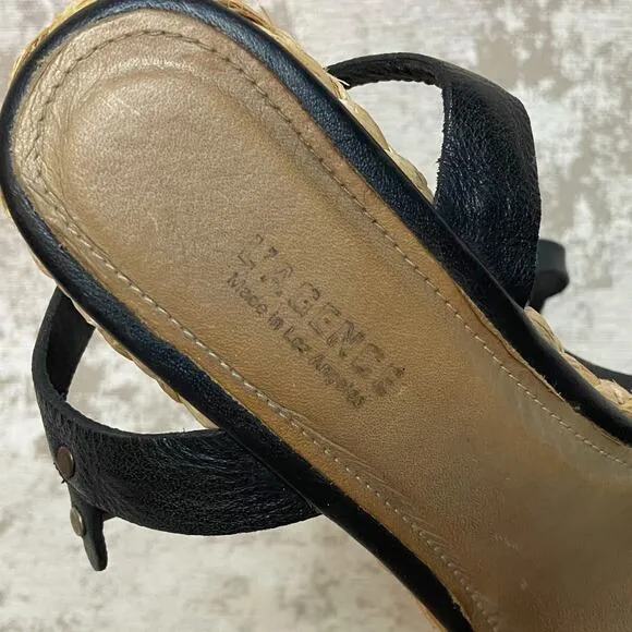 L'Agence Leather &amp; Straw Wedge Sandals in Beige &amp; Black