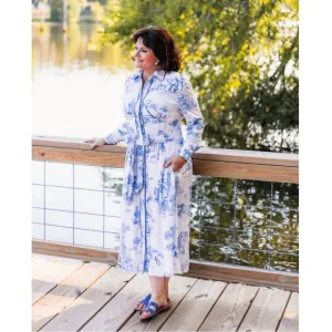 Lake Lady Boutique Kim Dress in Blue Toile Shirtdress Long Sleeves Cottagecore