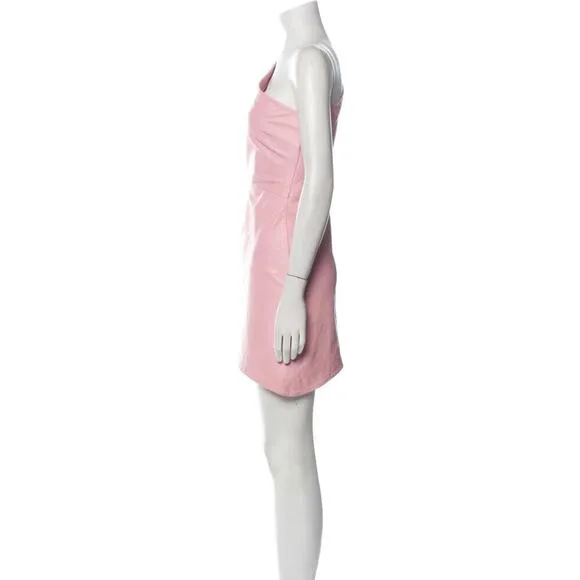 LaMarque Corey Draped One-Shoulder Pink Lamb Leather Mini Dress Small