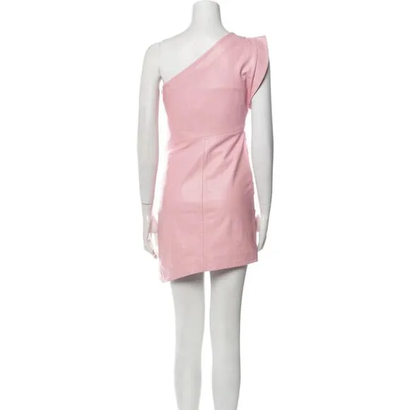LaMarque Corey Draped One-Shoulder Pink Lamb Leather Mini Dress Small
