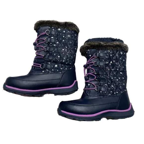 Lands End Youth Girls Size 4M Navy Purple Lace Trim Stars Rain/Snow Winter Boots